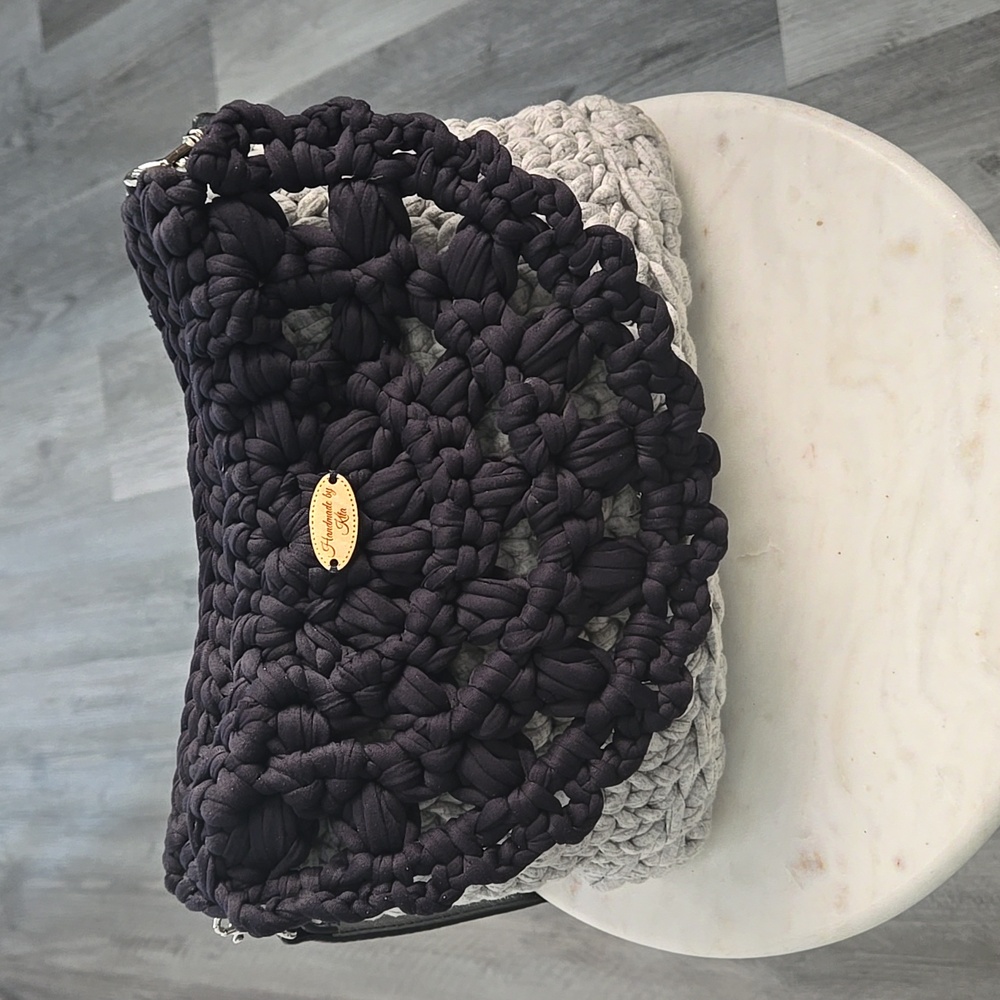 Handmade Black and Gray Crochet Cross Body Bag.